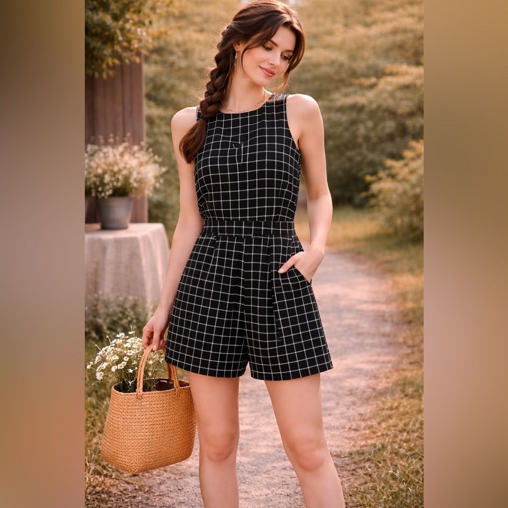 Purple Snow Black & White‎ Plaid Sleeveless Romper Size Large